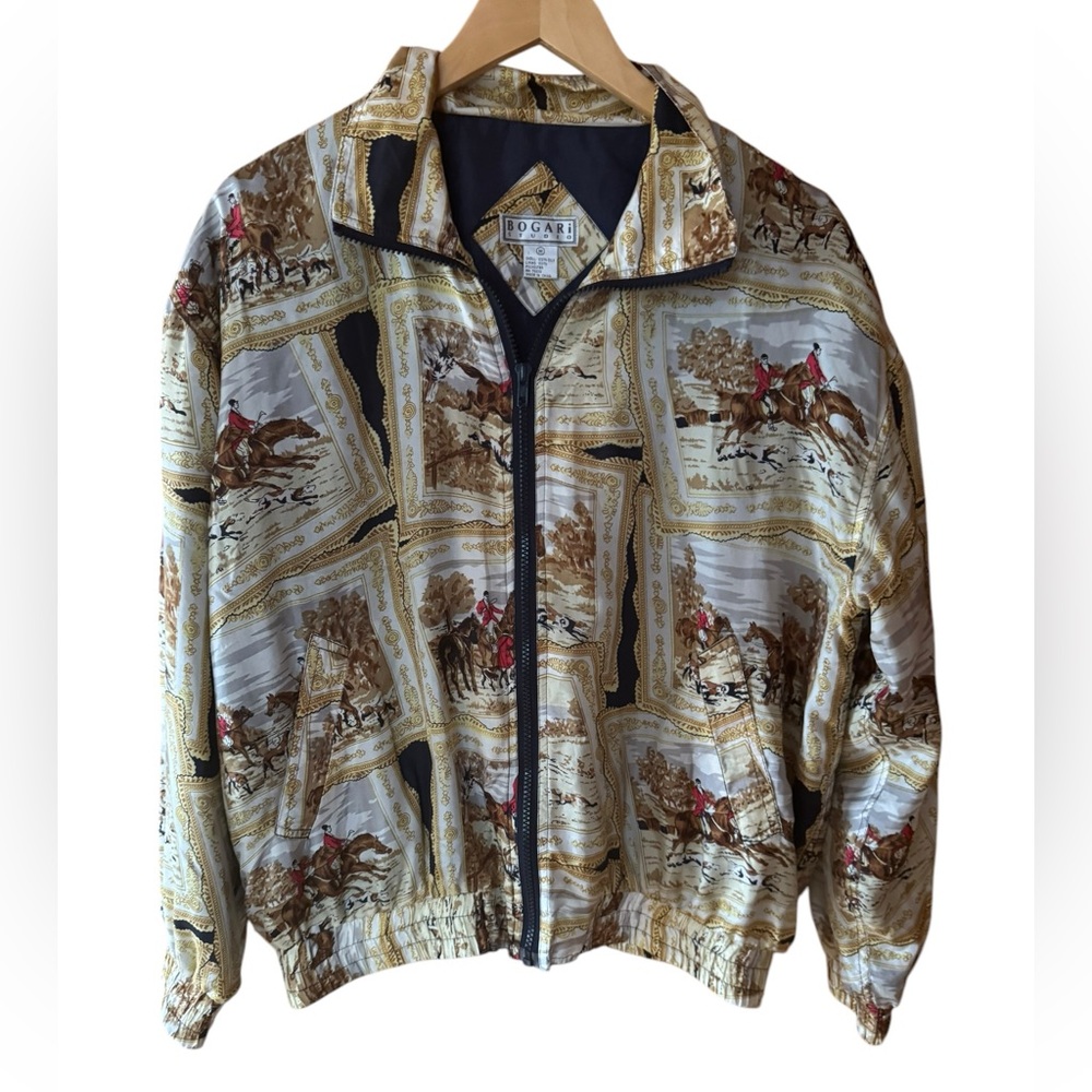 1980s Bogari‎ Studio 100% Silk Equestrian Print Zip Up Jacket